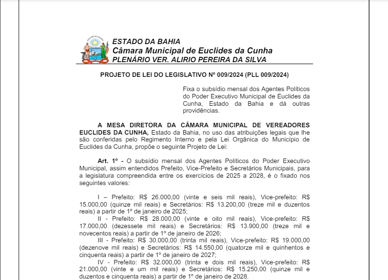 image-3 Câmara de Vereadores de Euclides da Cunha votará projetos de Lei que aumenta em mais de 50% o salário dos Vereadores, Prefeito e Secretários para a próxima legislatura