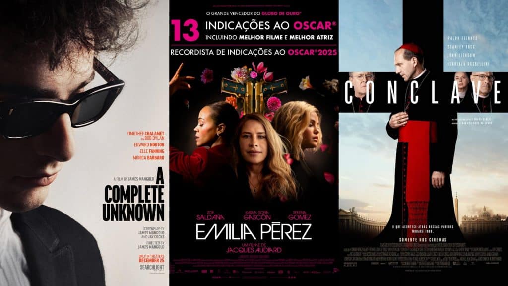 Montagem com pôsteres dos filmes Um Completo Desconhecido, Emilia Pérez e Conclave, todos indicados na categoria de Melhor Filme do Bafta de 2025