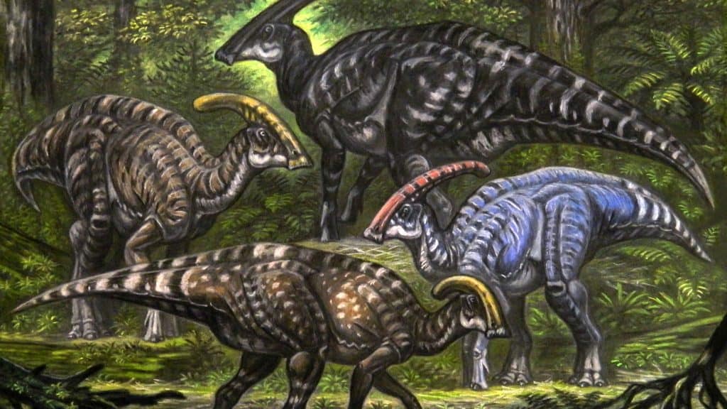 Ilustração de dinossauros da espécie Parasaurolophus em floresta