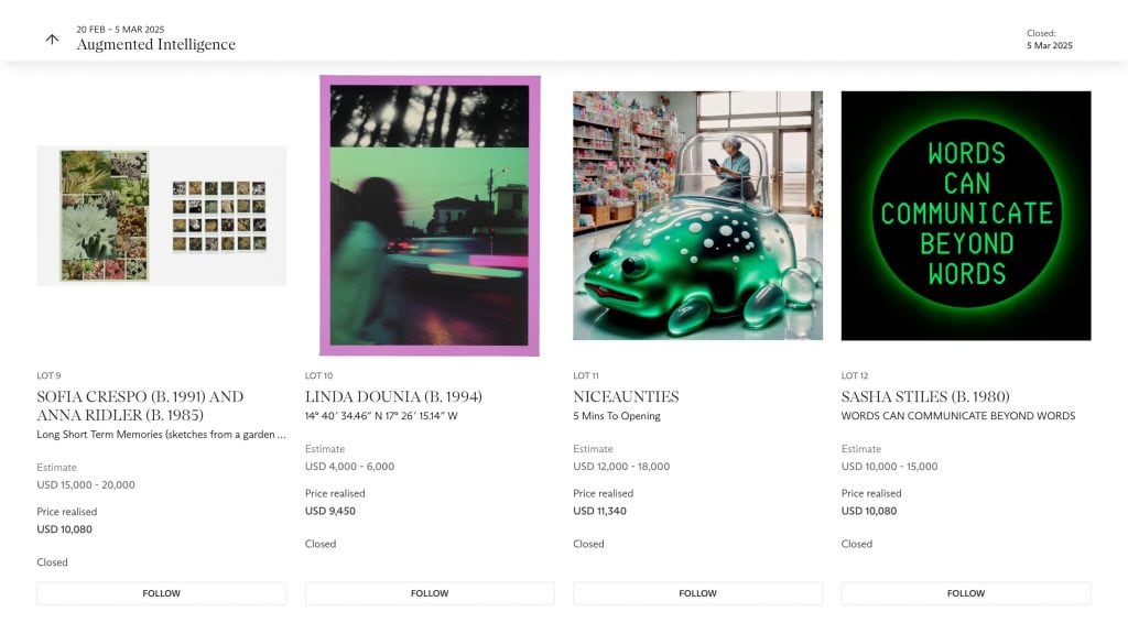 Captura de tela de quadros feitos com IA vendidos em leilão