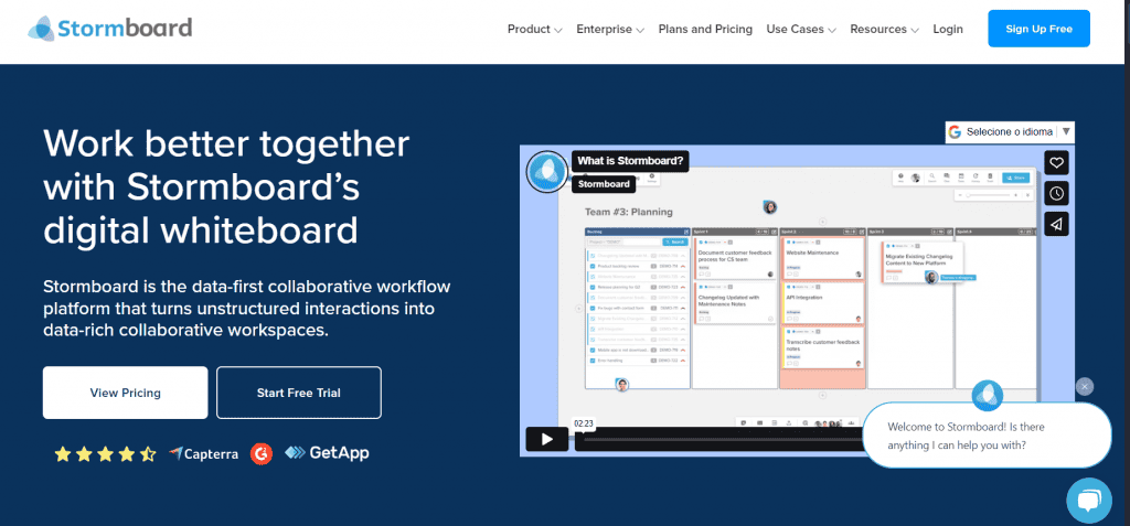imagem mostra a página inicial do site Stormboard