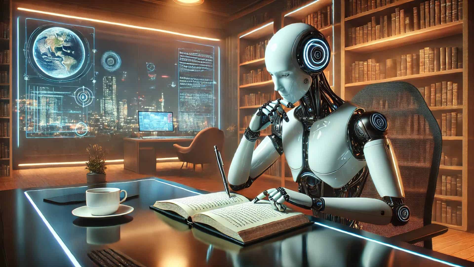 Imagem gerada por inteligência artificial mostra um robô humanoide escrevendo algo em um livro, associando o uso da IA na escrita criativa.