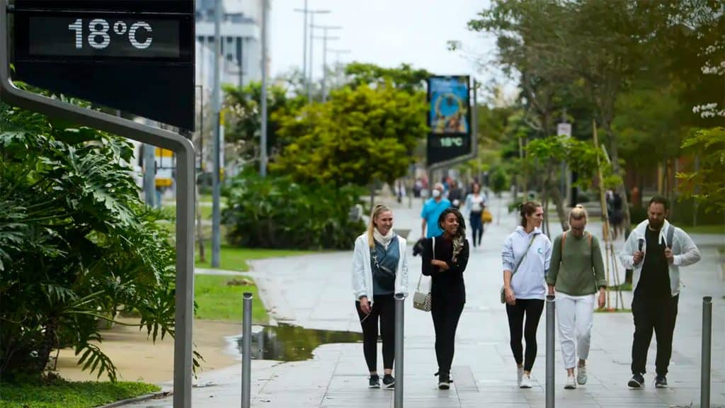 Grupo de amigos andando em calçada larga durante dia frio no Rio de Janeiro