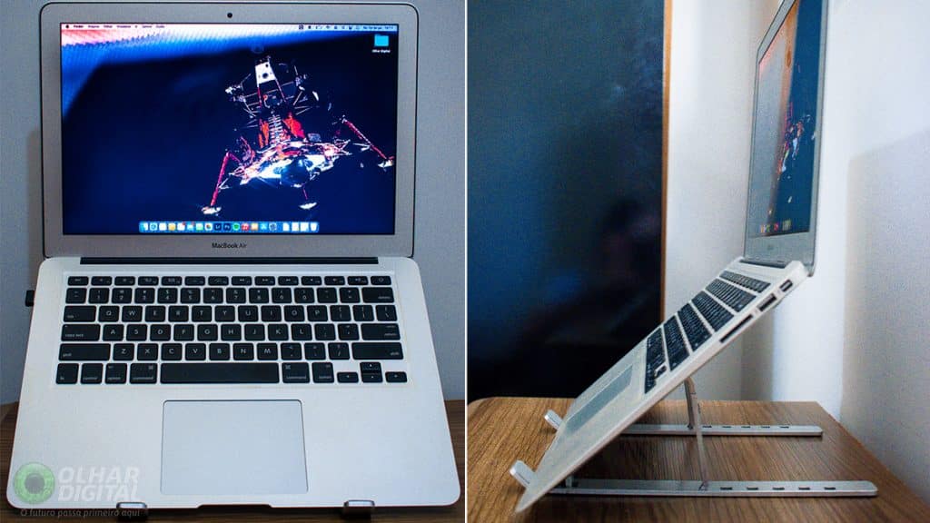Fotos de notebook em suporte em cima de uma mesa