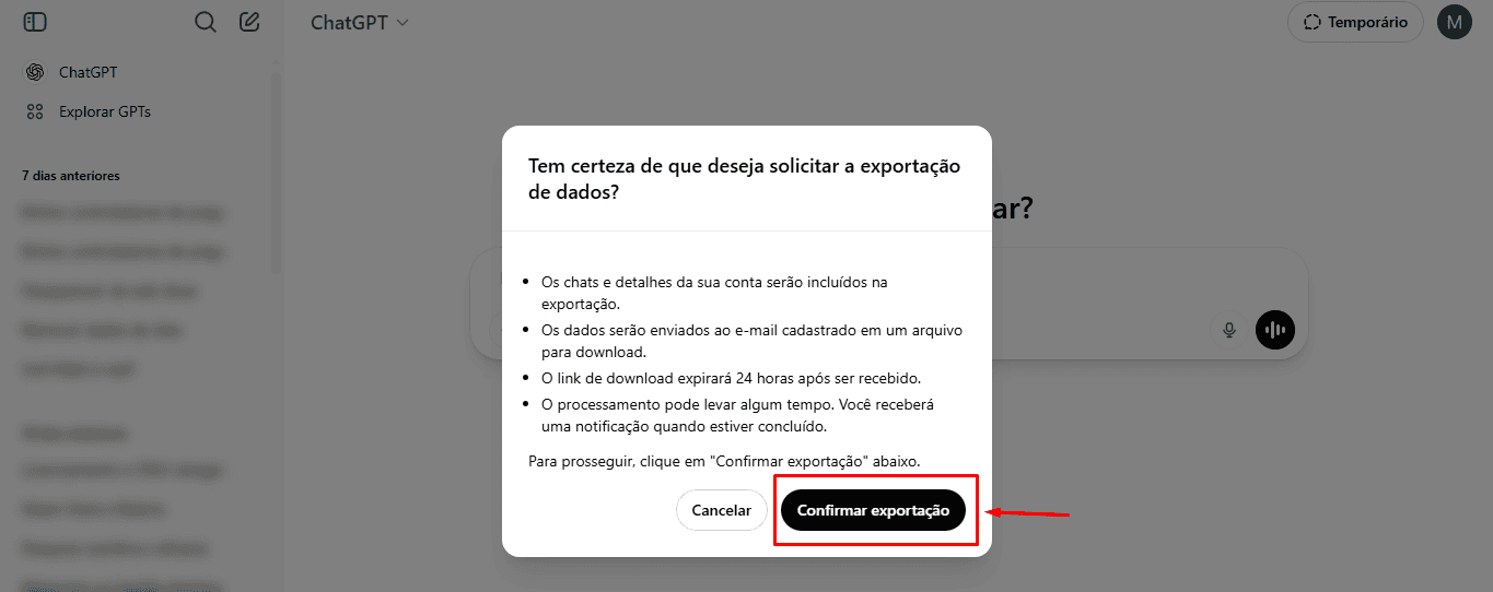 Passo 3 para baixar conversas no ChatGPT