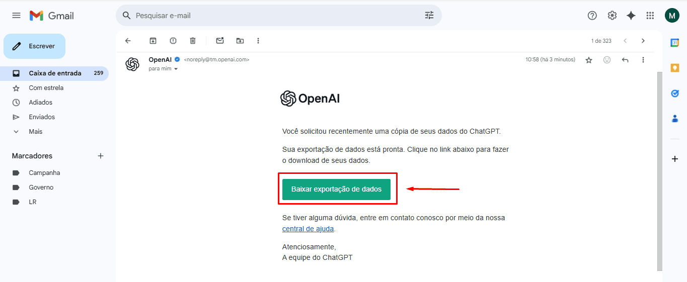 Passo 4 para baixar conversas no ChatGPT