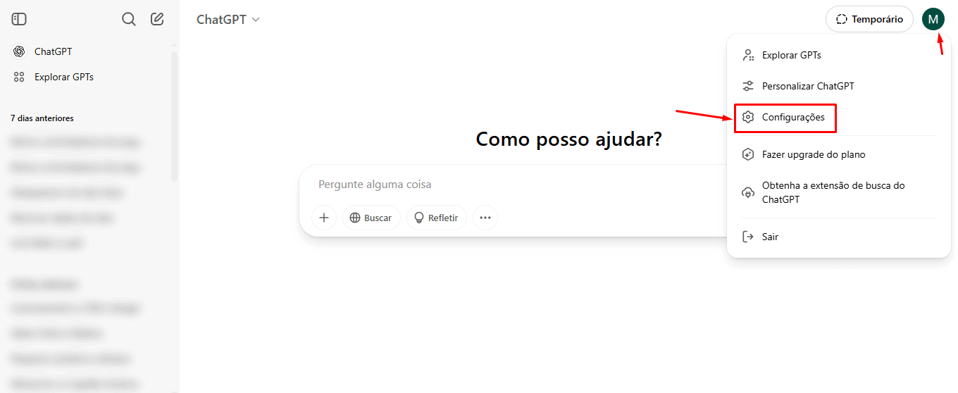 Passo 1 para baixar conversas no ChatGPT