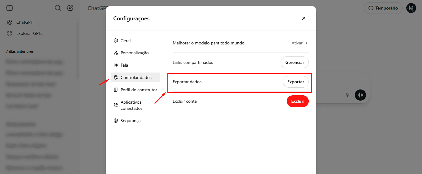 Passo 2 para baixar conversas no ChatGPT