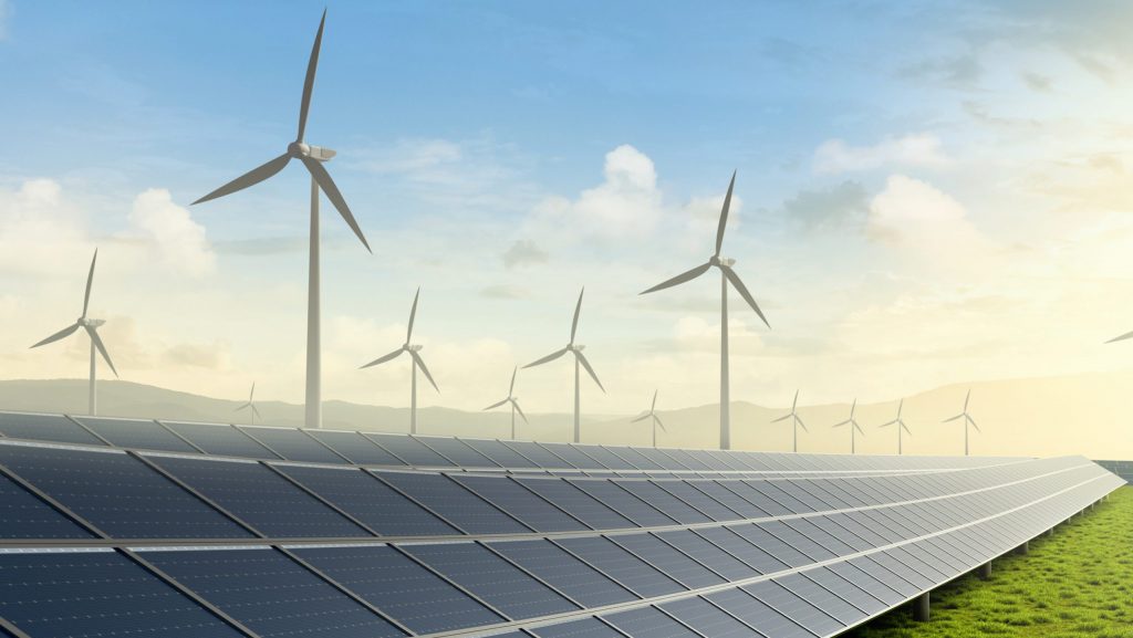 Ilustração de painéis solares e turbinas geradoras de energia eólica