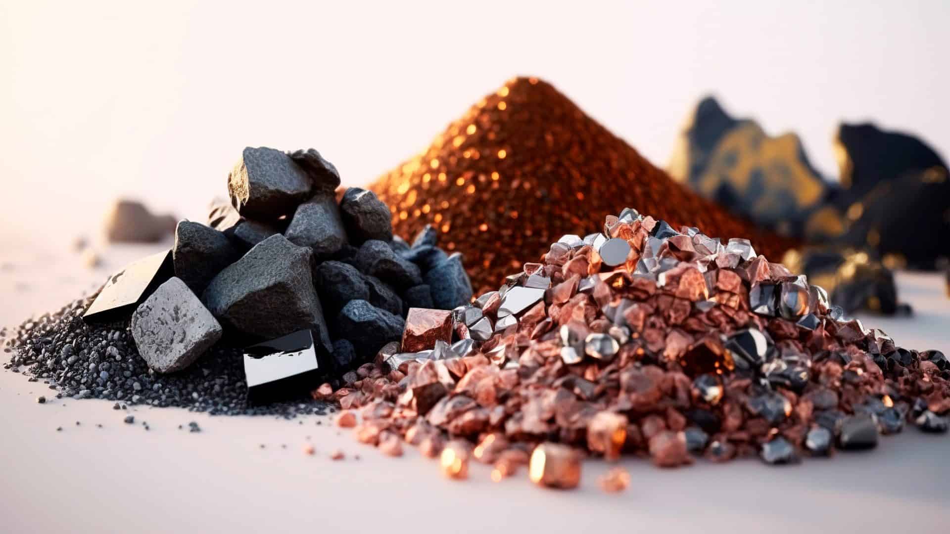 Pequenas pilhas de metais de terra rara no formato de areia e pedrinhas