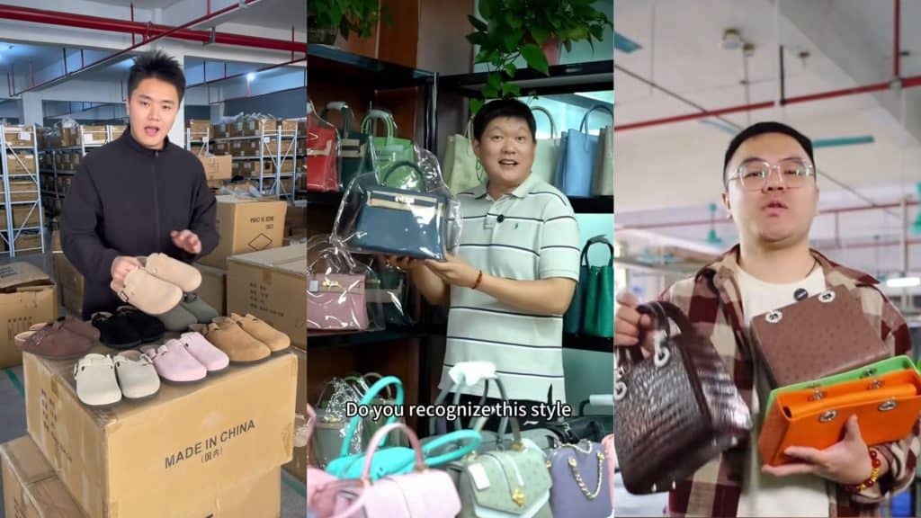 Montagem com capturas de tela de vídeos da trend do TikTok que mira marcas de luxo