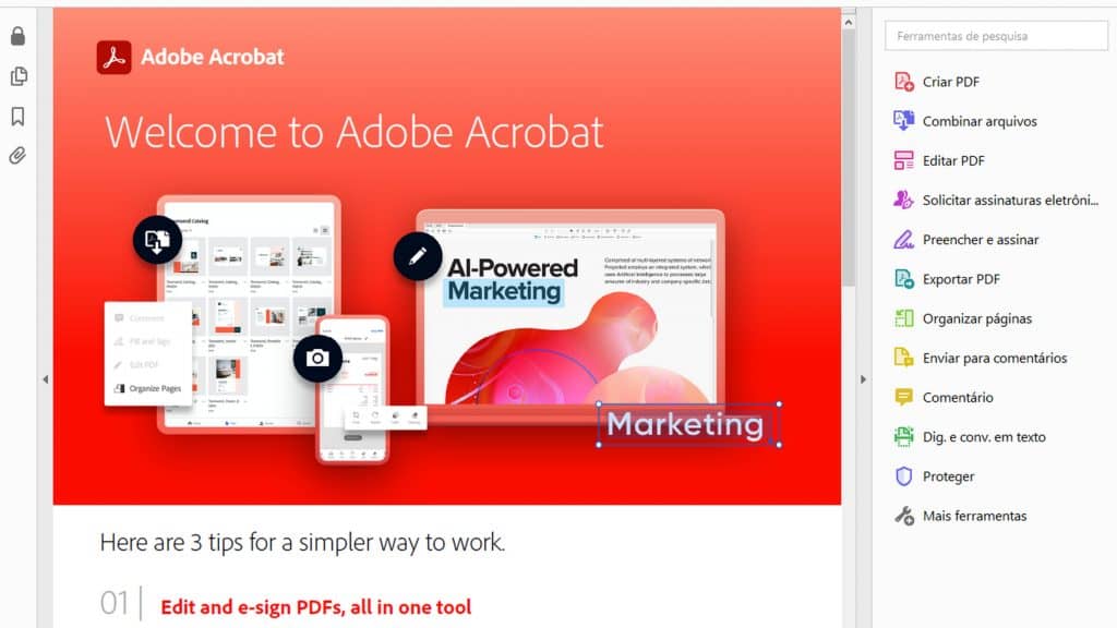 imagem mostra um leitor e editor de pdf, o adobe acrobat reader, em um pc