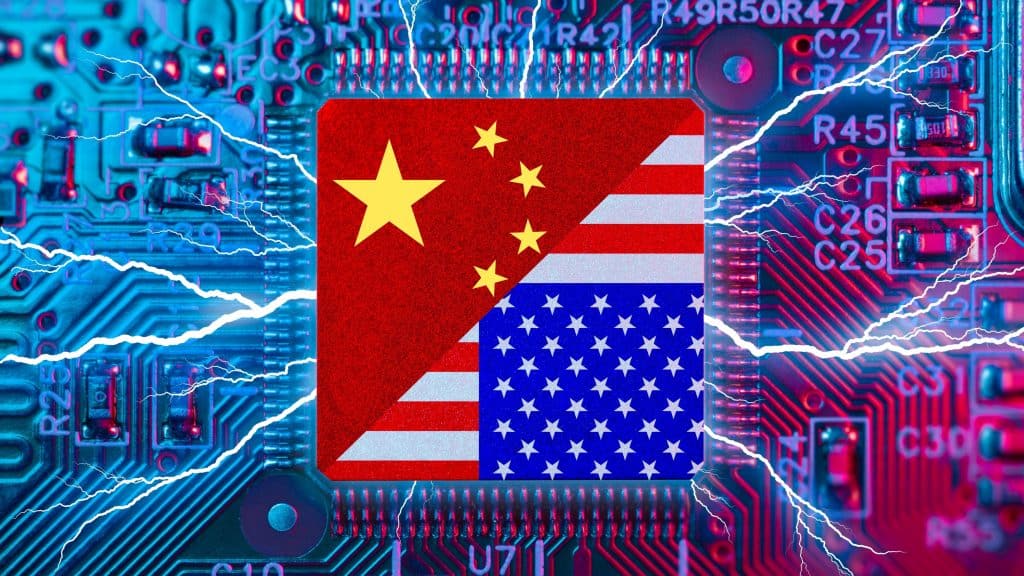 Montagem sobre Guerra dos Chips com bandeiras da China e dos Estados Unidos