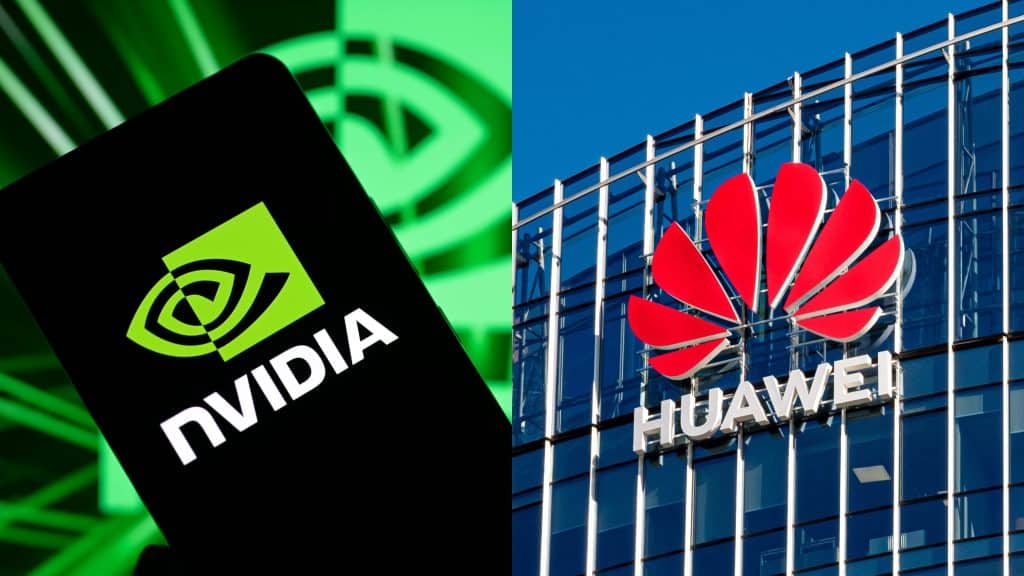 Montagem com fotos de celular com logomarca da Nvidia na tela e de fachada de prédio da Huawei