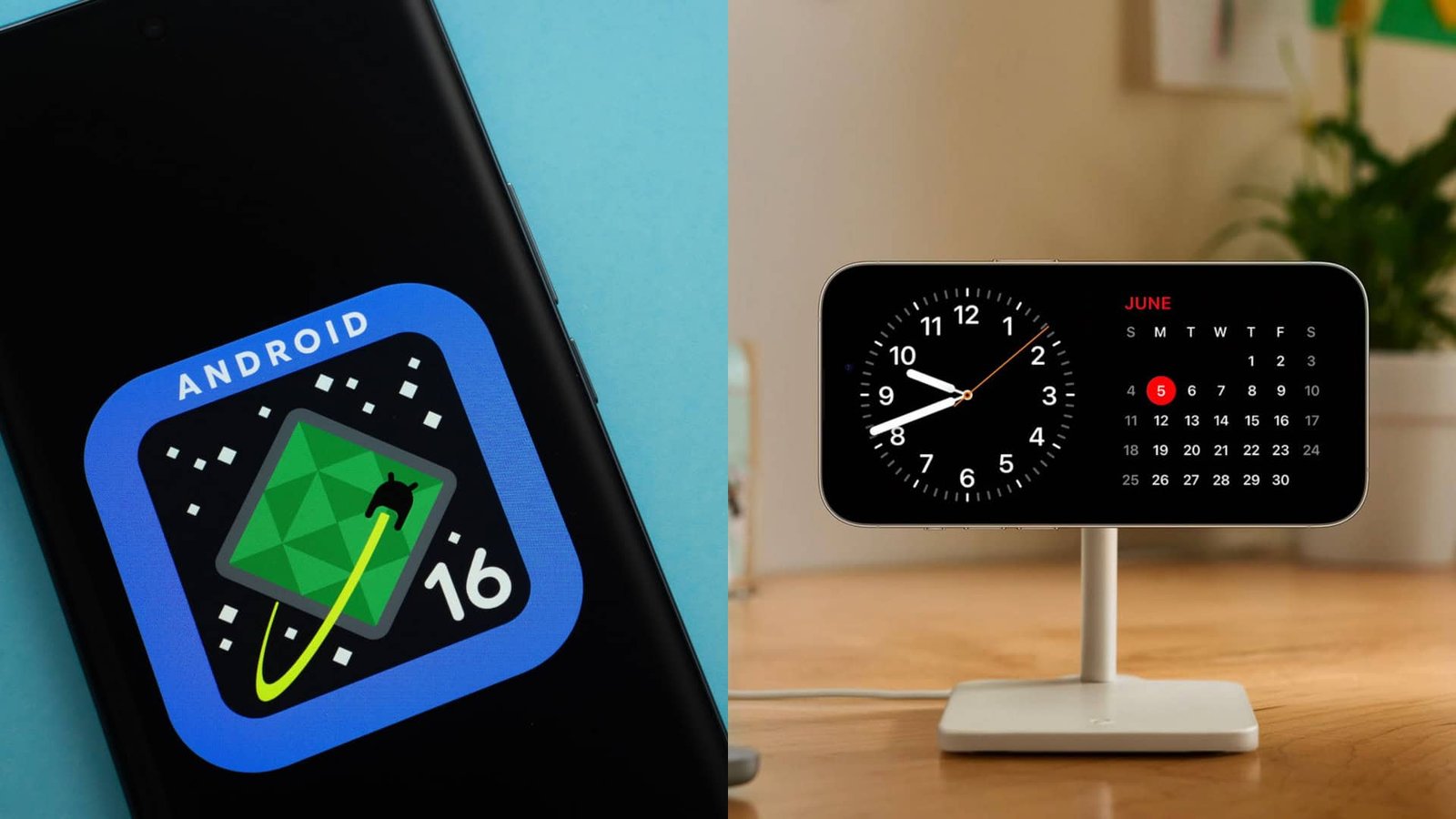 Montagem com fotos de celular com logotipo do Android 16 na tela e de iPhone no Modo StandBy em carregador com formato de pedestal pequeno