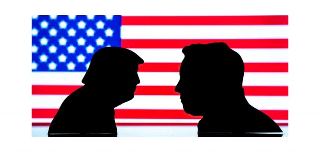 Silhuetas de Musk e Trump; atrás, bandeira dos Estados Unidos