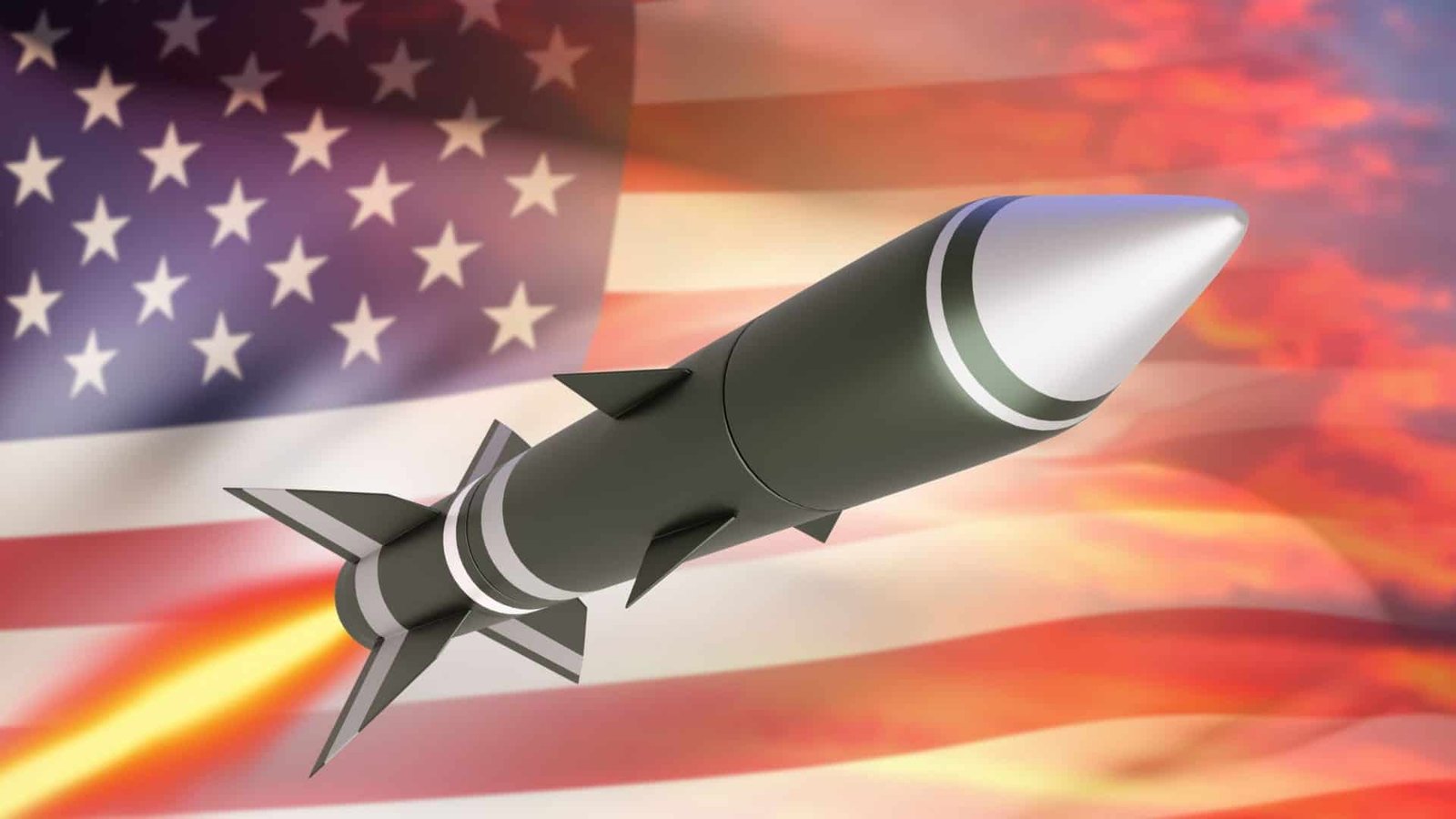 Ilustração de míssil voando com bandeira dos Estados Unidos ao fundo