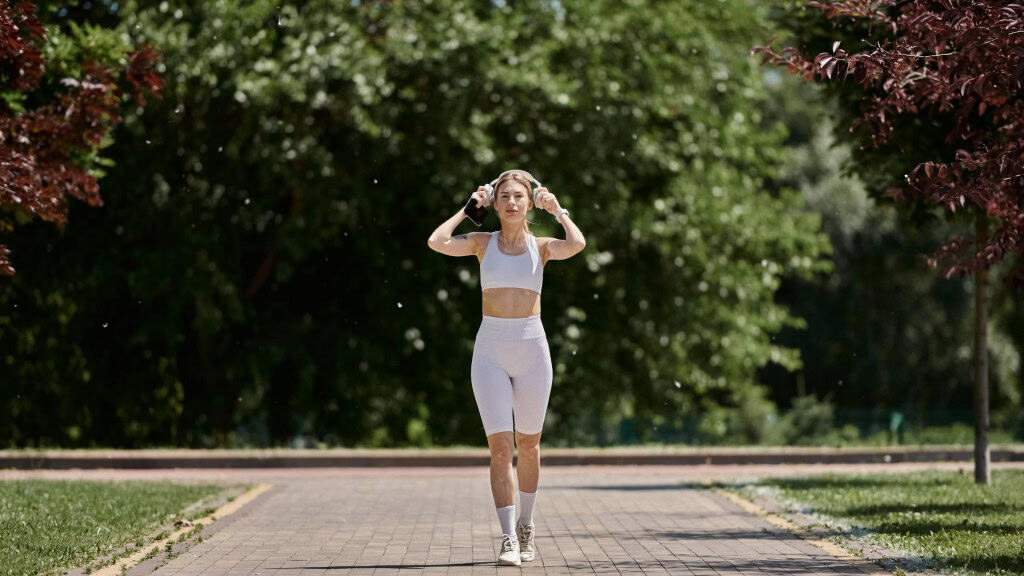Uma jovem com vitiligo vestindo roupa esportiva branca caminha por um caminho pavimentado em um parque com árvores e grama verde de ambos os lados.