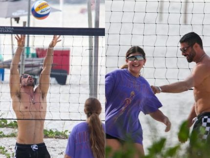 Cauã Reymond joga vôlei com a filha Sofia em dia de praia na Barra da Tijuca