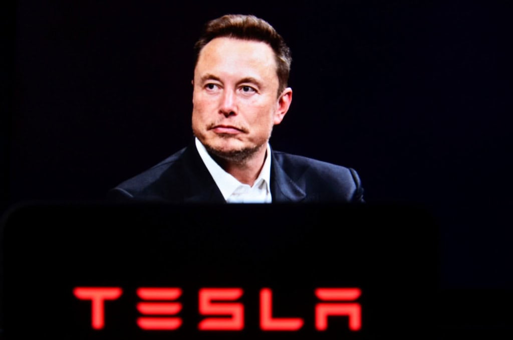 Foto de Elon Musk acima do logo da Tesla