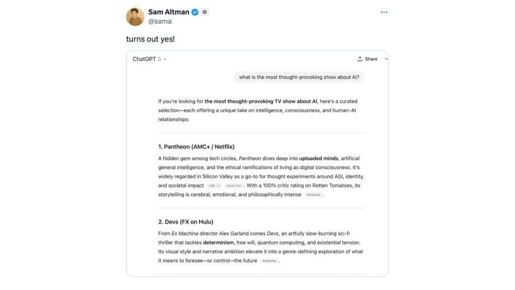 Captura de tela de postagem de Sam Altman mostrando GPT-5