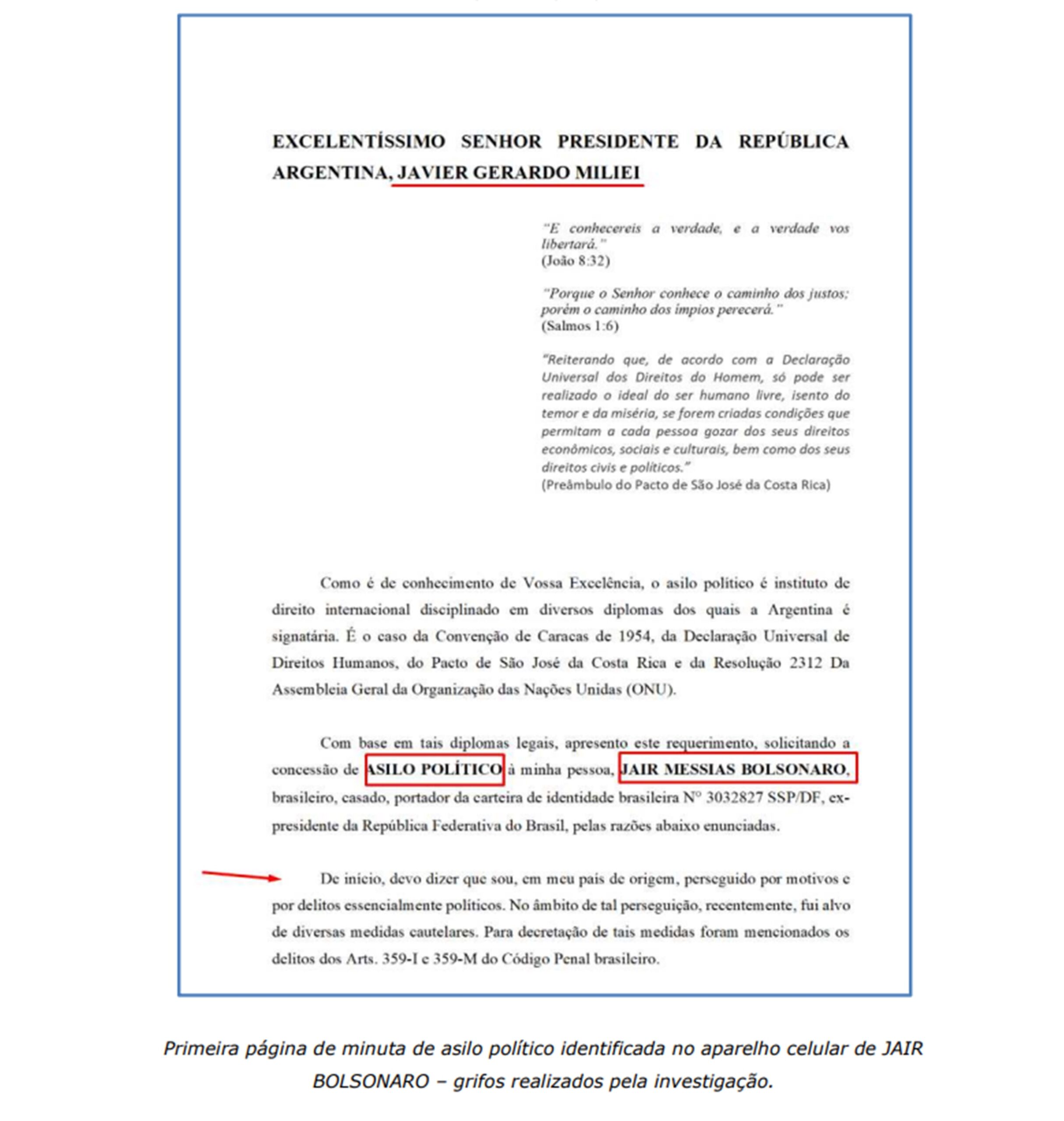 imagem colorida de primeira parte minuta de pedido de asilo de bolsonaro a milei, argentina