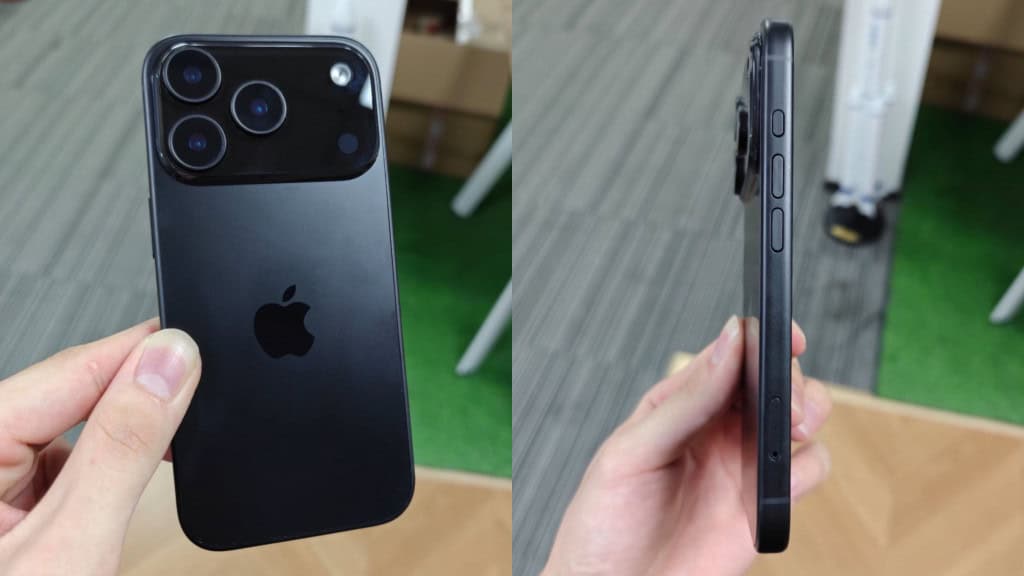 Montagem com fotos de pessoa segurando modelo fictício de iPhone 17 Pro