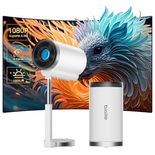 Mini Projetor Portatil 1080P 4K Full HD, 5G Wifi 5 BT 5.0 Android 13, LED Projector Auto de Correcção Trapezóide Horizontal, 90°Girável Projector para Telefónico Branco