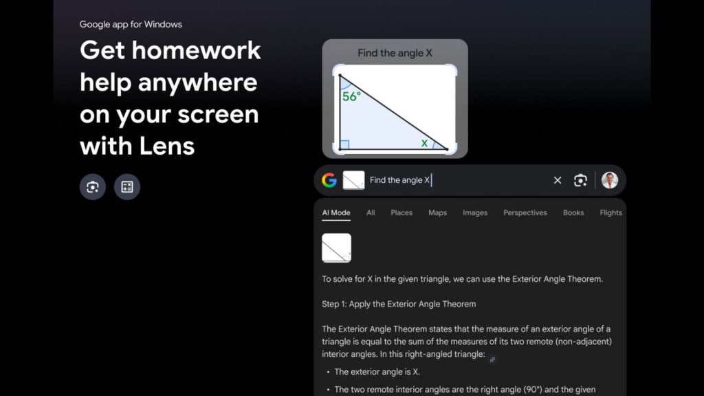 Montagem mostrando como Lens está embutido na barra de pesquisa do Google para Windows no estilo Spotlight do Mac