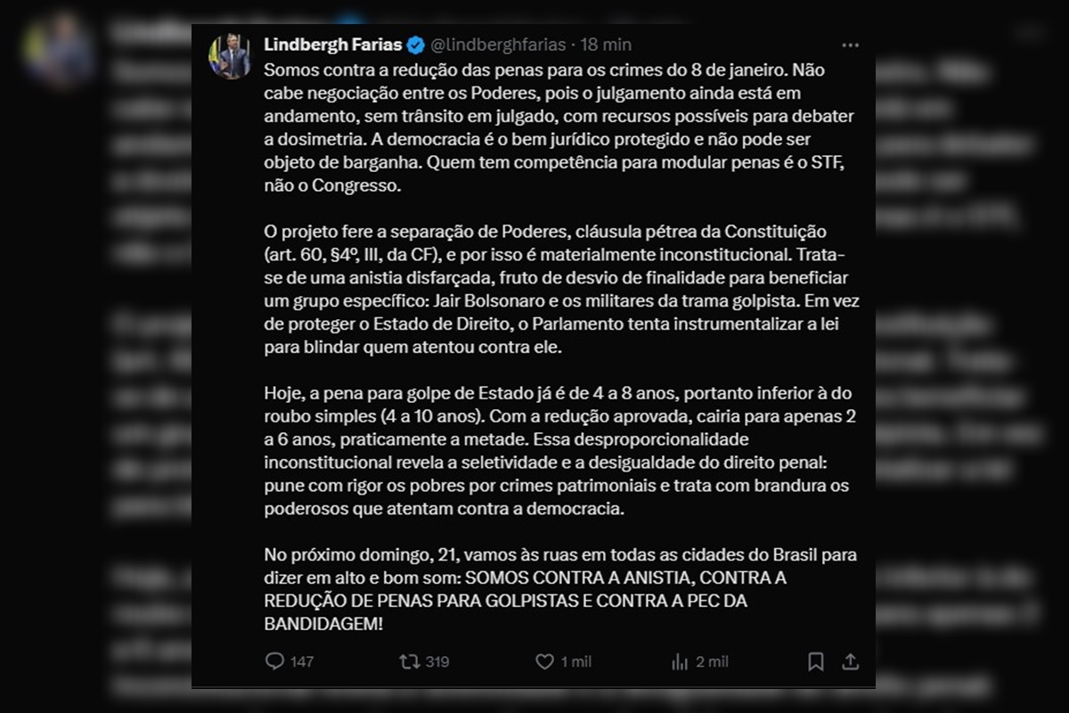 Imagem colorida de reprodução de postagem do deputado Lindbergh Farias (PT) se posicionando contra PL da Dosimetria