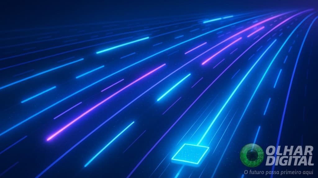 Ilustração de conexões 5G e 6G trafegando em estrada larga