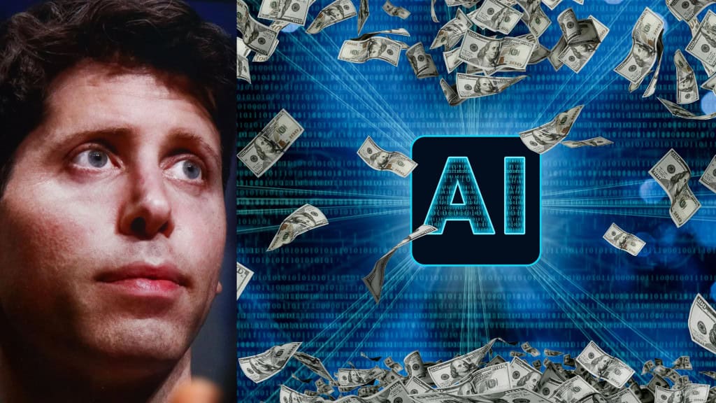 Montagem com imagem do CEO da OpenAI, Sam Altman, olhando para o lado e ilustração de dinheiro sendo arremessado em inteligência artificial (IA)