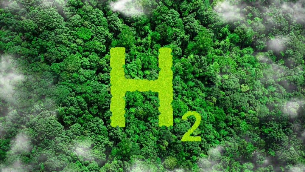 Ilustração de visão aérea de sigla de hidrogênio na cor verde em floresta