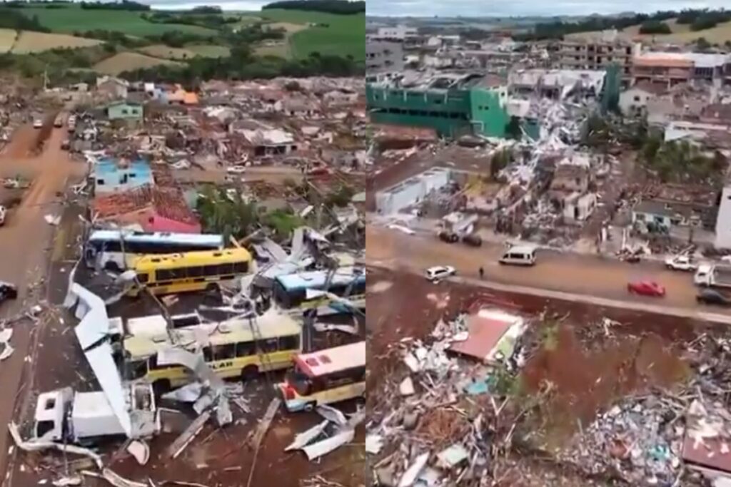 Imagens aéreas mostram cidade no PR após passagem de tornado
