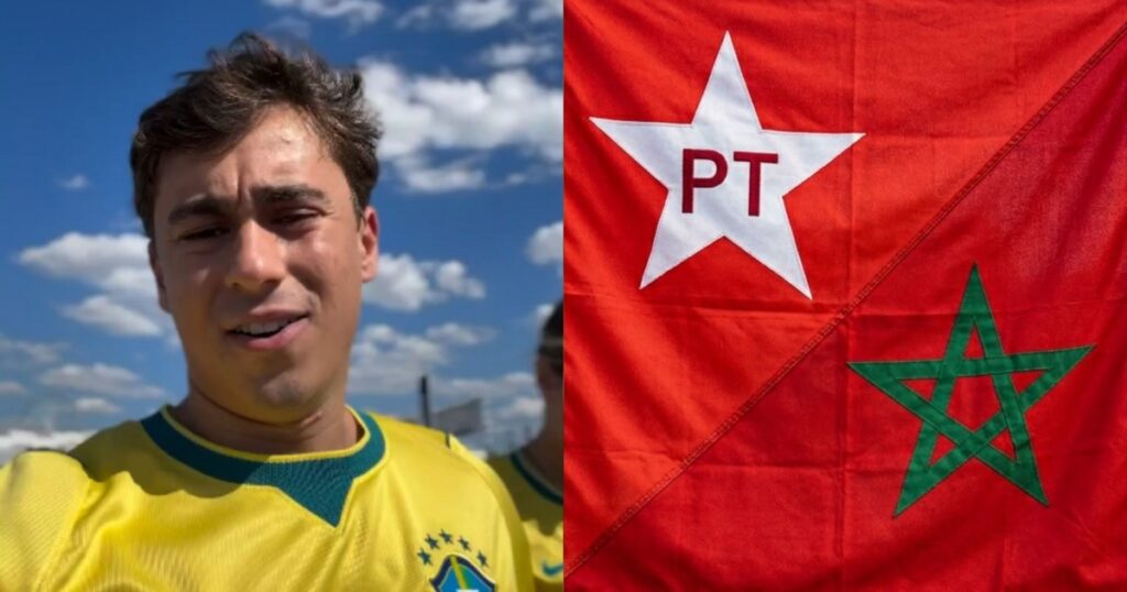 No jogo do Brasil, Nikolas Ferreira associa símbolos da bandeira do Marrocos ao PT