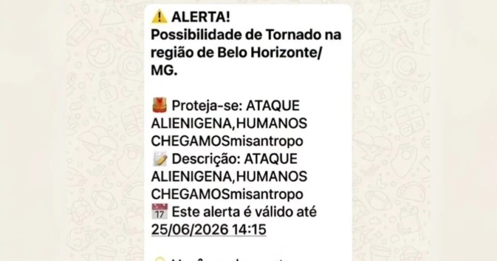 Moradores de BH recebem falso alerta de "ataque alienígena" da Defesa Civil pelo WhatsApp