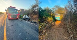 Colisão entre ônibus e picape deixa jovem morto e mulher ferida na BA-026, no sudoeste baiano