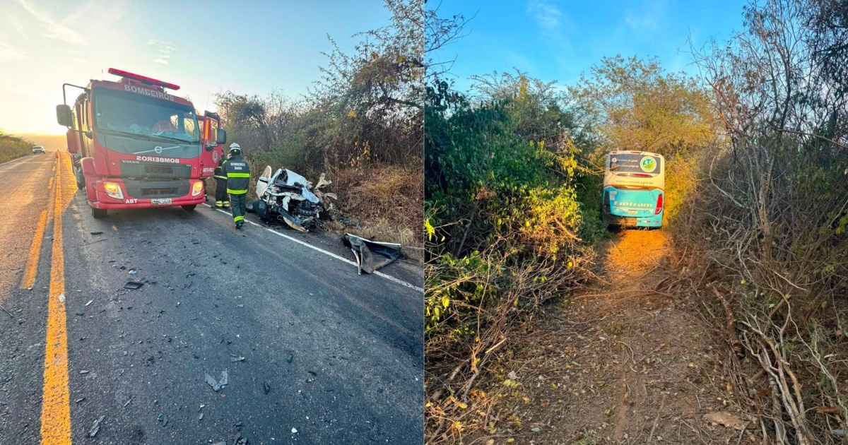 Colisão entre ônibus e picape deixa jovem morto e mulher ferida na BA-026, no sudoeste baiano