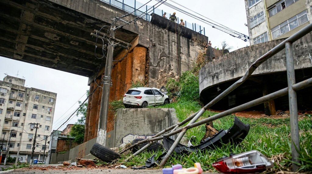 Carro despenca de viaduto em Salvador e mobiliza equipes de trânsito