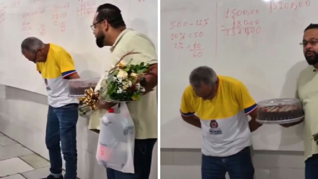 Pai se emociona ao ser surpreendido pelo filho durante aula de EJA