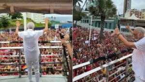 Gilberto Gil apoia Lula em trio elétrico durante ato político em Salvador