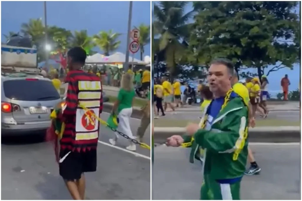 Homem negro é arrastado por apoiador de Flávio Bolsonaro com adesivo do PT na Barra da Tijuca