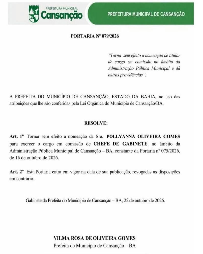 Prefeita de Cansanção cede a pressões e cancela nomeação da filha para chefia de gabinete