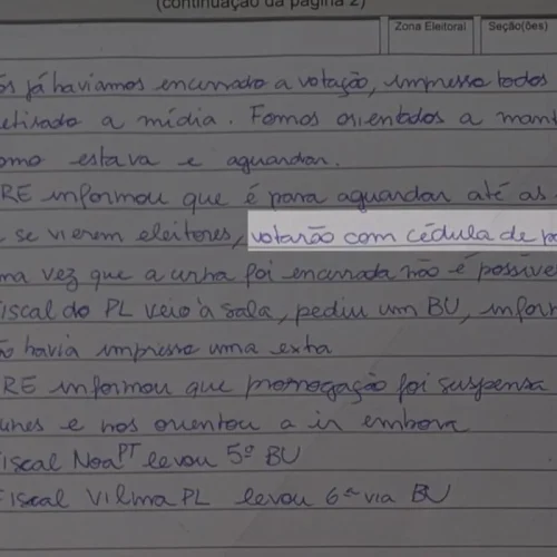 Ata eleitoral revela orientação do TRE de São Paulo para uso de cédulas de papel após fechamento precoce de urnas