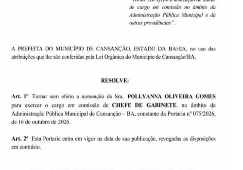 Prefeita de Cansanção cede a pressões e cancela nomeação da filha para chefia de gabinete